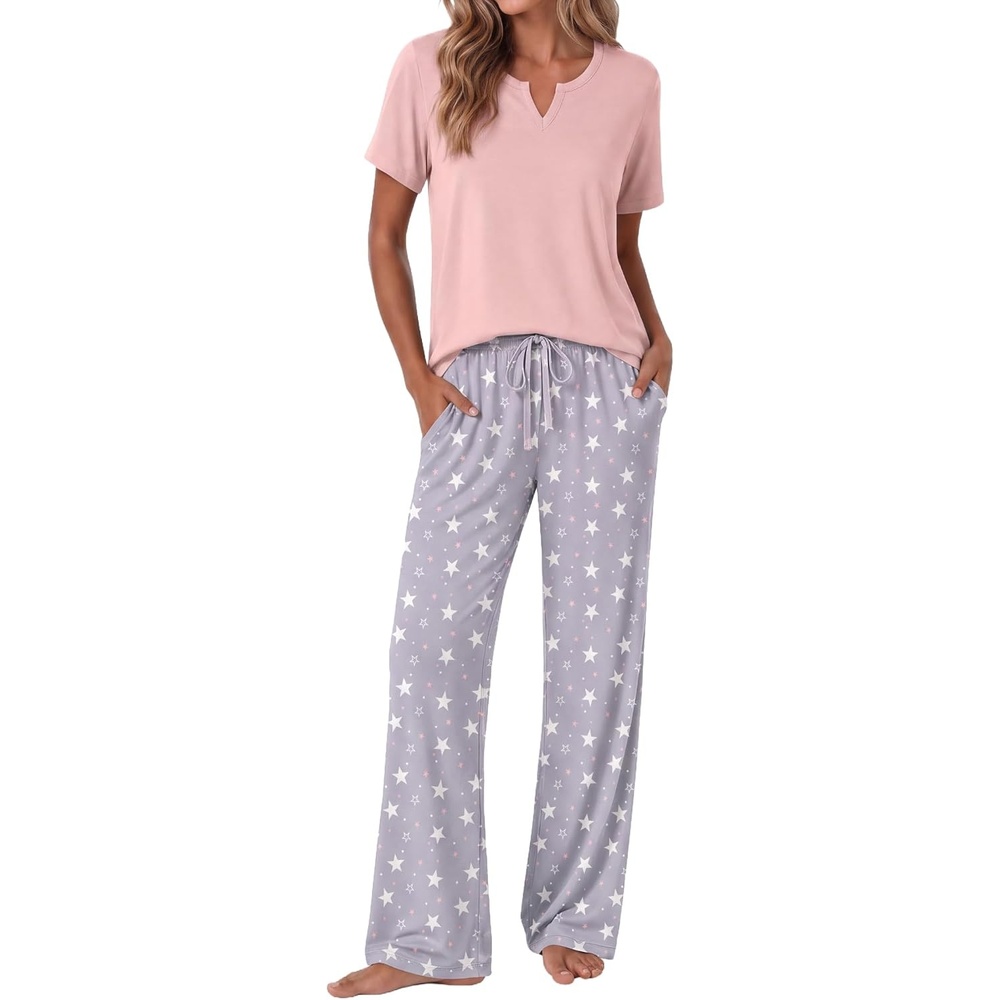 image:imageEkouaer 2 Piece Womens Pajamas Set Short Sleeve Pjs Print Pants Lounge SetPink and Gray Stars