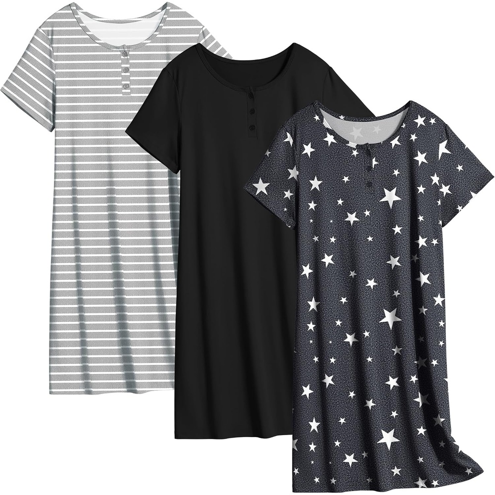 image:imageEkouaer 3 Pack Womens Sleepshirts Soft Sleepwear Short Sleeve TShirt Nightgowns Casual Sleepdress NightshirtsBalckstarstrip