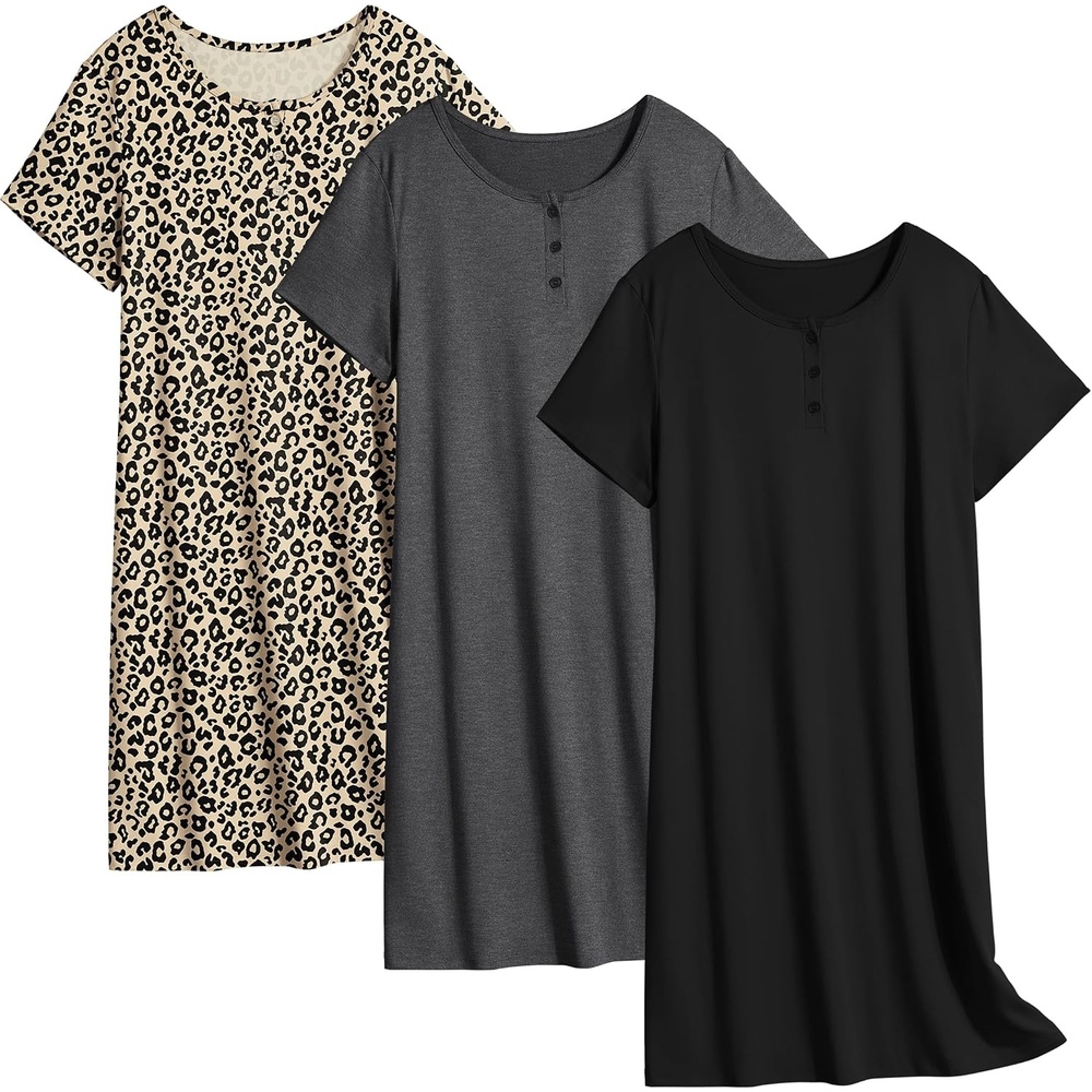 image:imageEkouaer 3 Pack Womens Sleepshirts Soft Sleepwear Short Sleeve TShirt Nightgowns Casual Sleepdress NightshirtsBlackgreyleopard