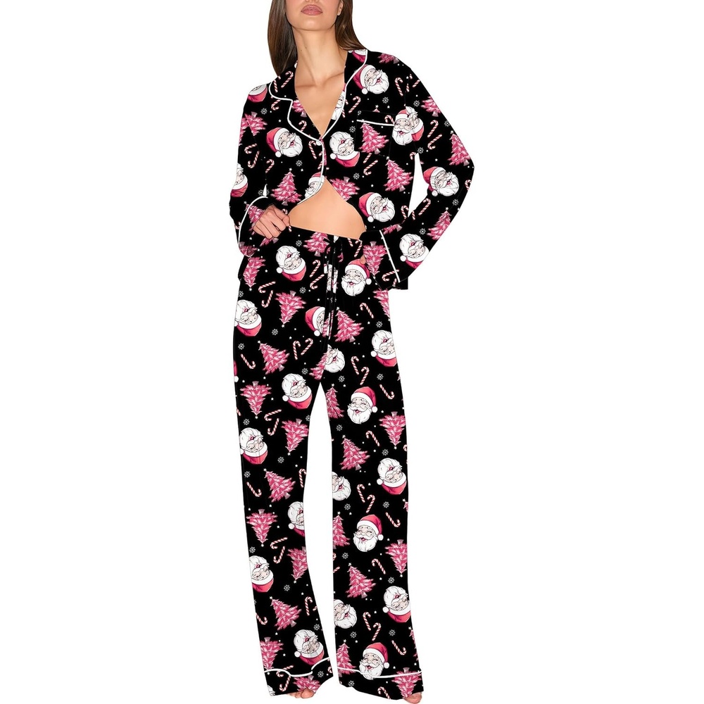 image:imageEkouaer Christmas Pajamas Womens Long Sleeve Holiday Matching Pjs SetChristmas Black Santa