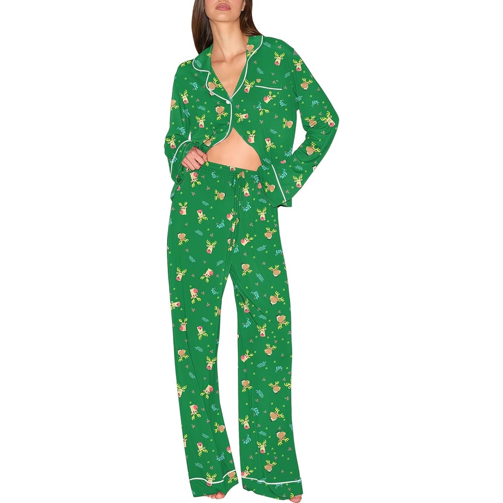 image:imageEkouaer Christmas Pajamas Womens Long Sleeve Holiday Matching Pjs SetChristmas Green Deer Pattern