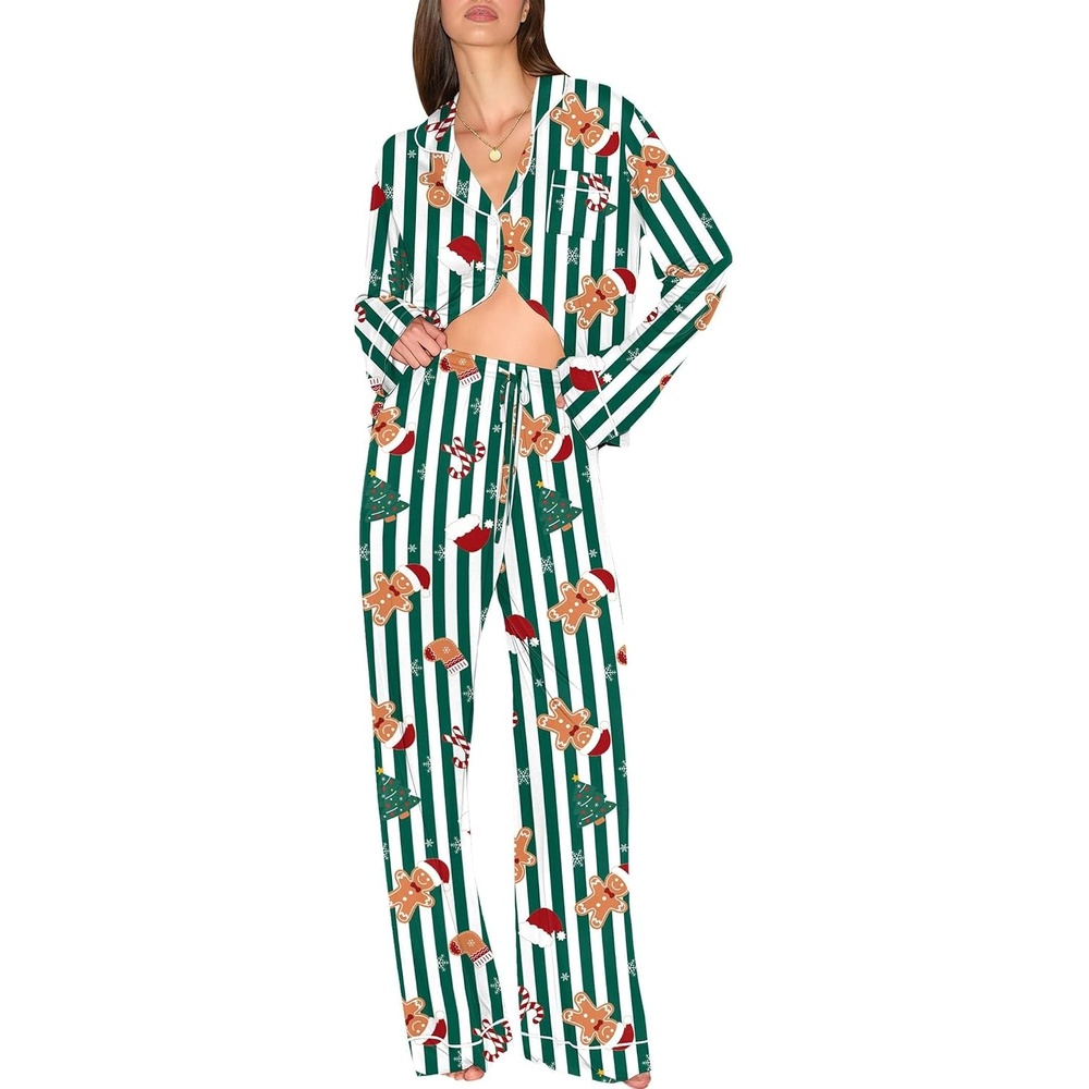 image:imageEkouaer Christmas Pajamas Womens Long Sleeve Holiday Matching Pjs SetChristmas Green Striped