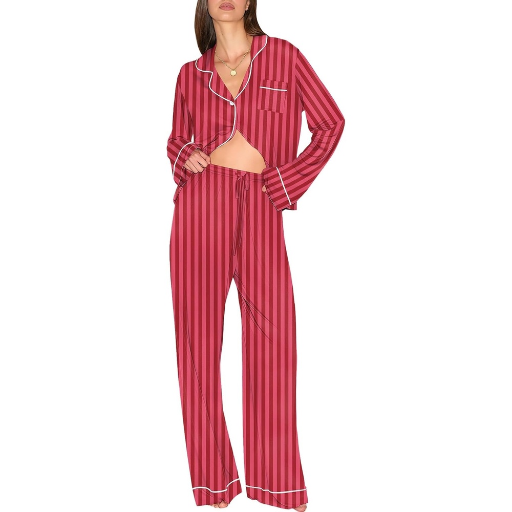image:imageEkouaer Christmas Pajamas Womens Long Sleeve Holiday Matching Pjs SetStriped Red Rose