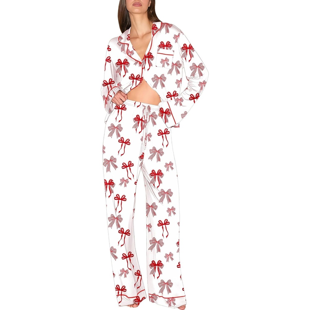 image:imageEkouaer Christmas Pajamas Womens Long Sleeve Holiday Matching Pjs SetWhite Red Bow Knot