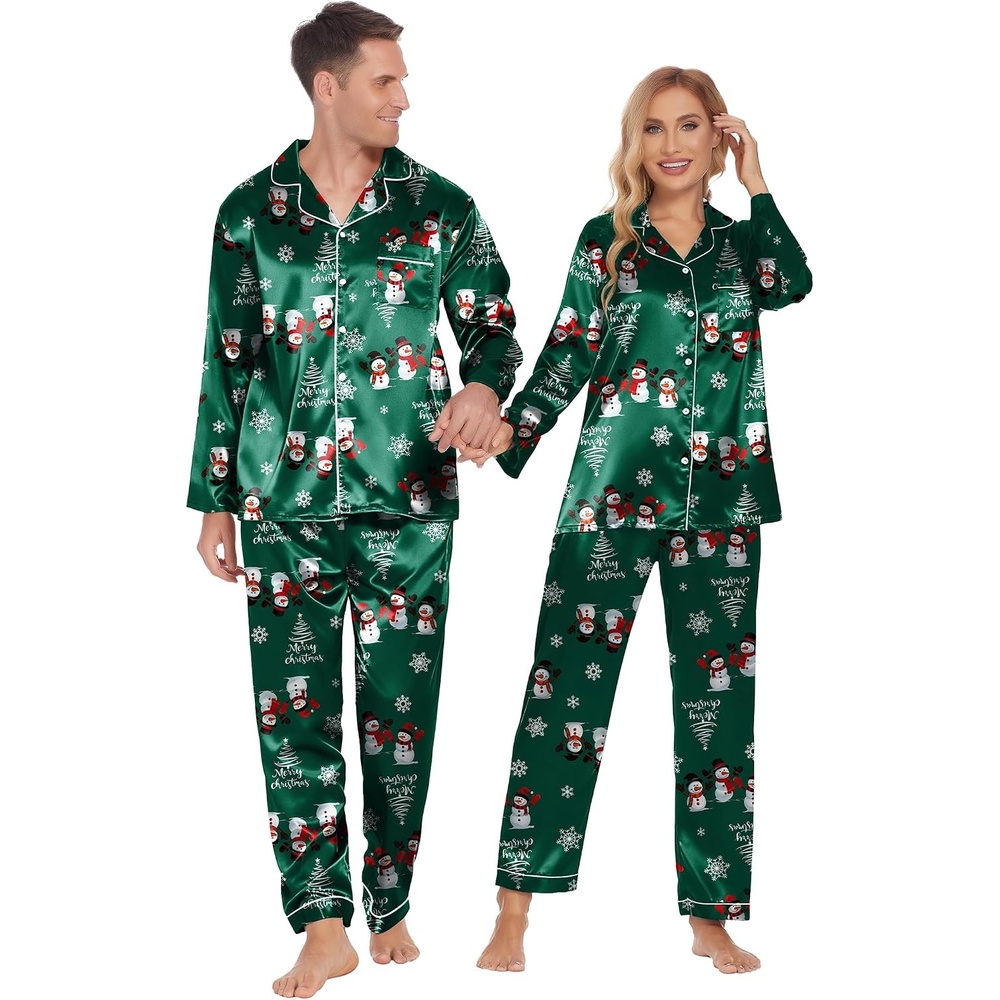 image:imageEkouaer Couples Matching Pajamas Silk Long Sleeve Sleepwear Satin Pjs SetChristmas Green