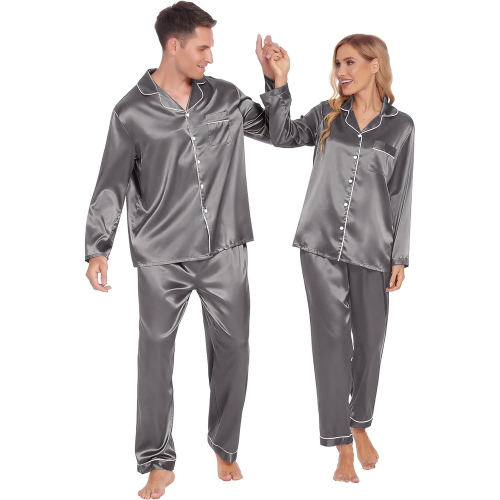 image:imageEkouaer Couples Matching Pajamas Silk Long Sleeve Sleepwear Satin Pjs SetDark Grey