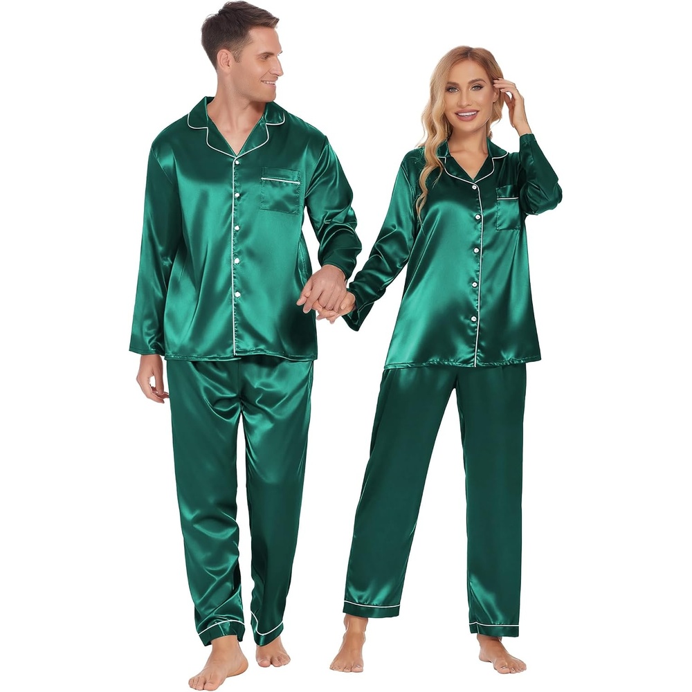 image:imageEkouaer Couples Matching Pajamas Silk Long Sleeve Sleepwear Satin Pjs SetGreen