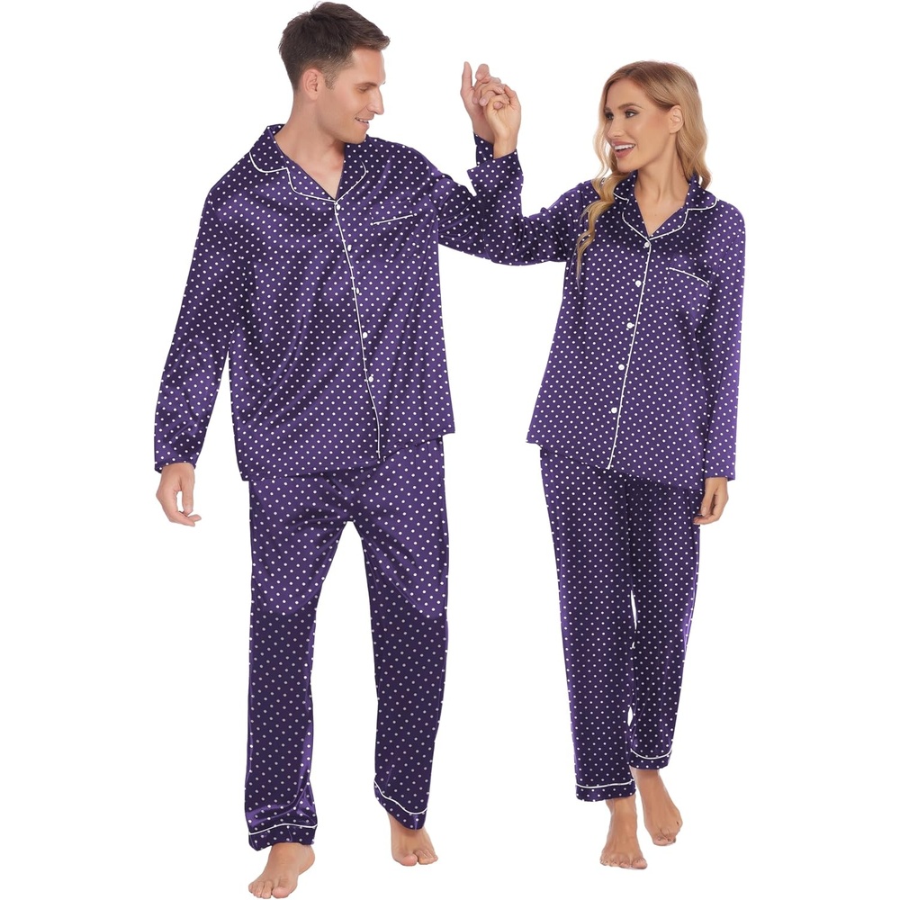 image:imageEkouaer Couples Matching Pajamas Silk Long Sleeve Sleepwear Satin Pjs SetNavy White Polka Dots
