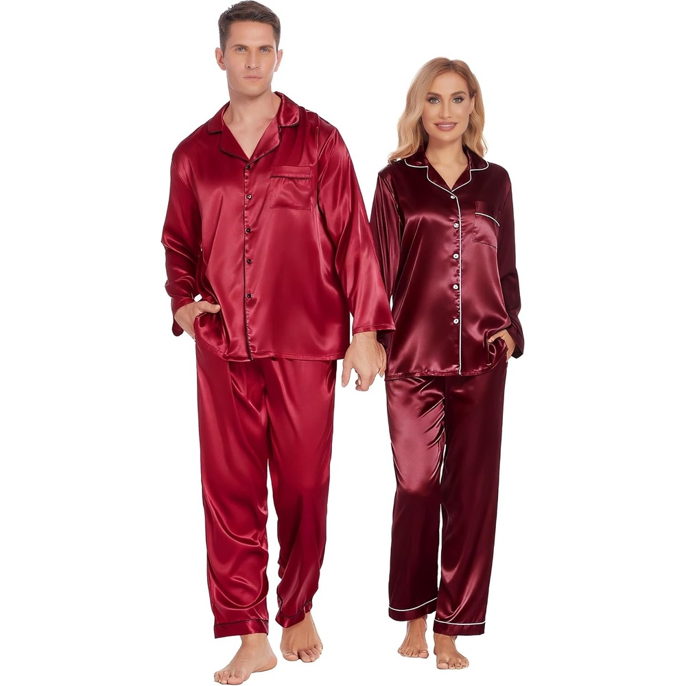 image:imageEkouaer Couples Matching Pajamas Silk Long Sleeve Sleepwear Satin Pjs SetWine