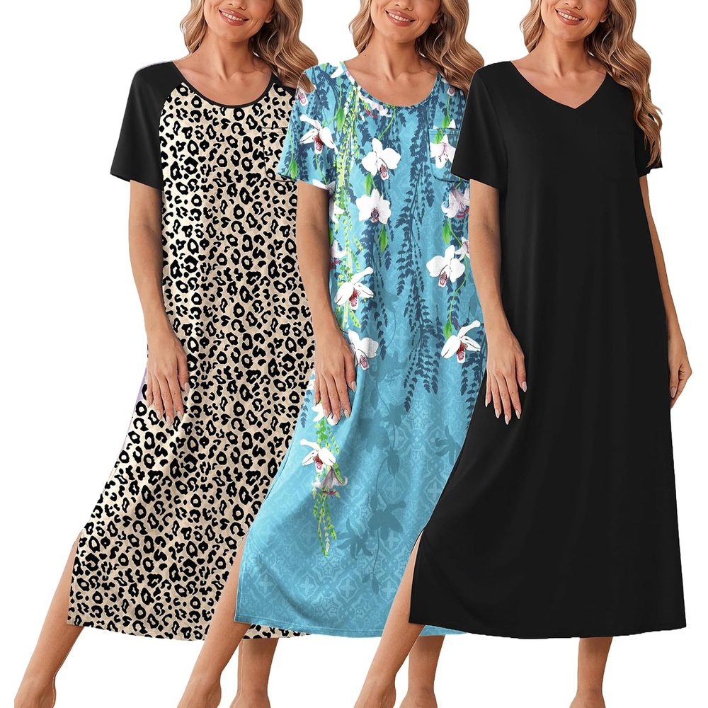 image:imageEkouaer Long Nightgowns for Women 3 Pack Plus Size Short Sleeve House DressBlackBlue FlowerLepoard