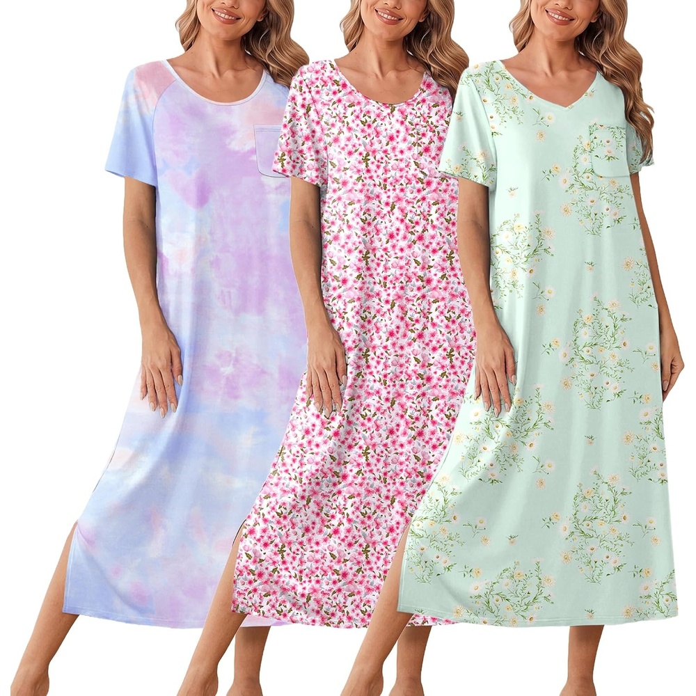image:imageEkouaer Long Nightgowns for Women 3 Pack Plus Size Short Sleeve House DressLight Green FloralPink FloralPurple Tie Dye