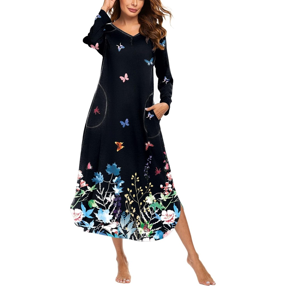 image:imageEkouaer Long Nightgowns for Women Long Sleeve House Dress with PocketsBlack Butterflies