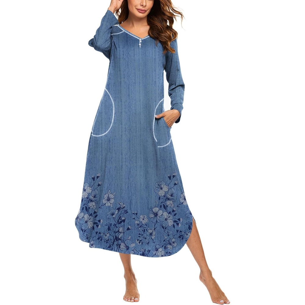 image:imageEkouaer Long Nightgowns for Women Long Sleeve House Dress with PocketsBlue Florals