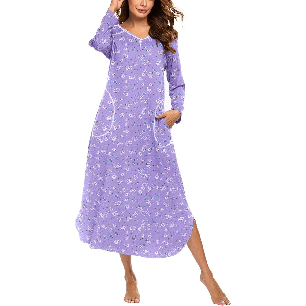 image:imageEkouaer Long Nightgowns for Women Long Sleeve House Dress with PocketsPurple White Florals