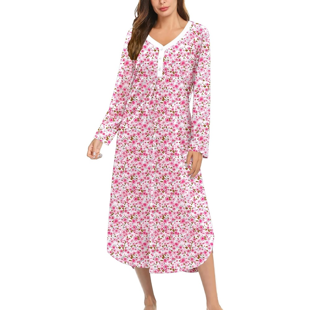 image:imageEkouaer Long Sleeve Nightgowns for Women Button Front Long Night GownsPink Flowers