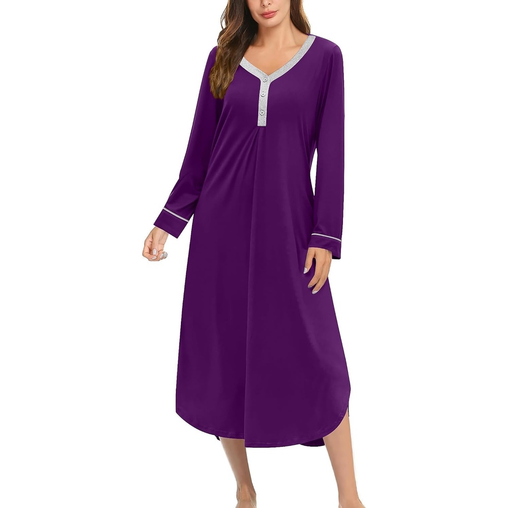 image:imageEkouaer Long Sleeve Nightgowns for Women Button Front Long Night GownsPurple