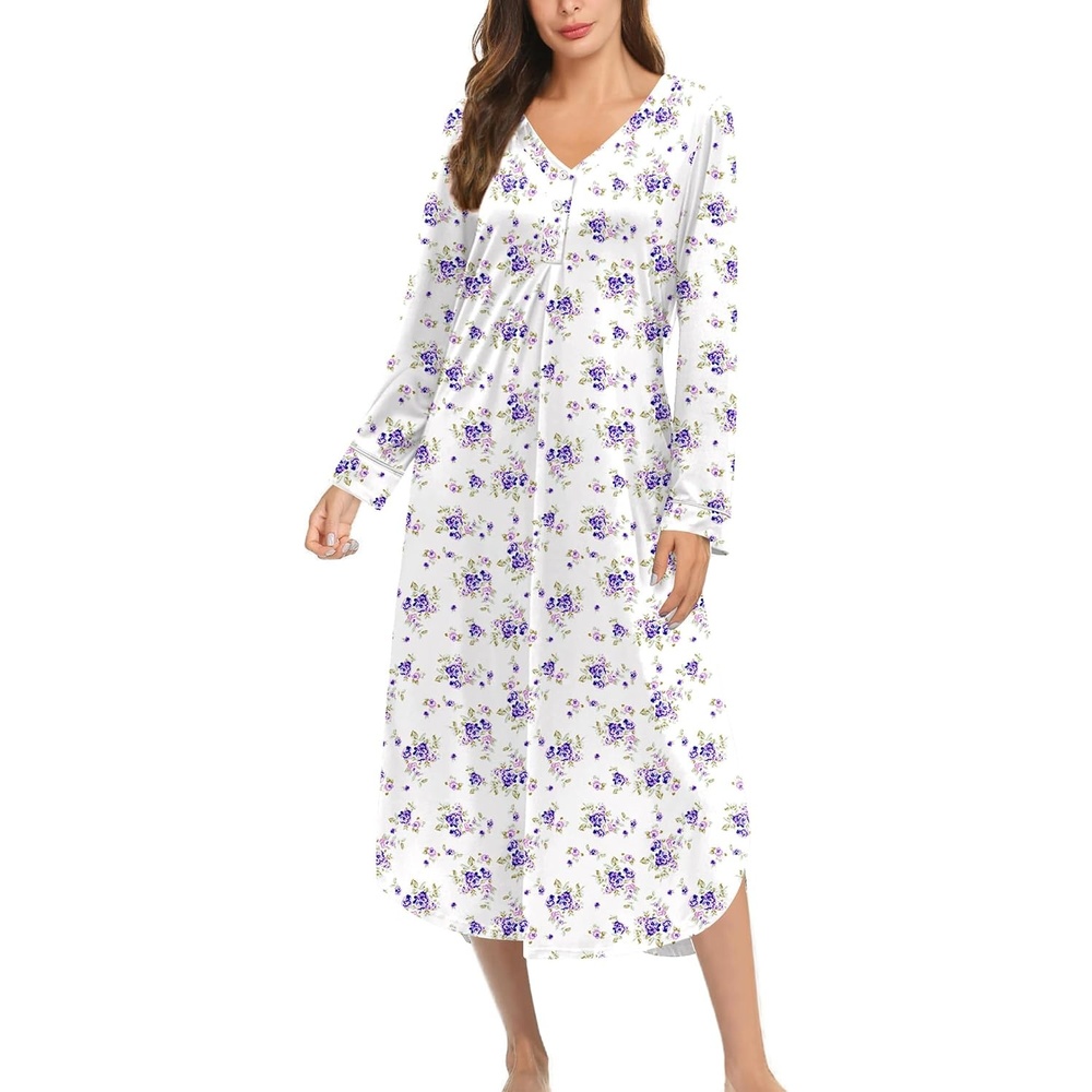 image:imageEkouaer Long Sleeve Nightgowns for Women Button Front Long Night GownsPurple Floral