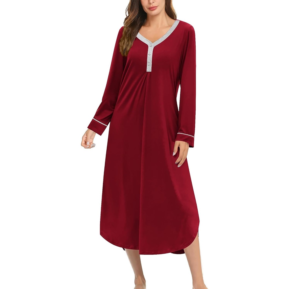 image:imageEkouaer Long Sleeve Nightgowns for Women Button Front Long Night GownsRed
