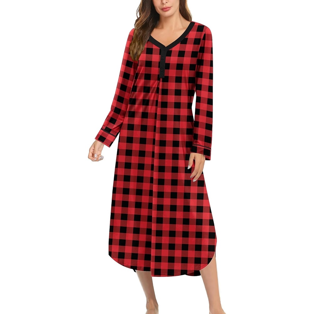 image:imageEkouaer Long Sleeve Nightgowns for Women Button Front Long Night GownsRed Plaid