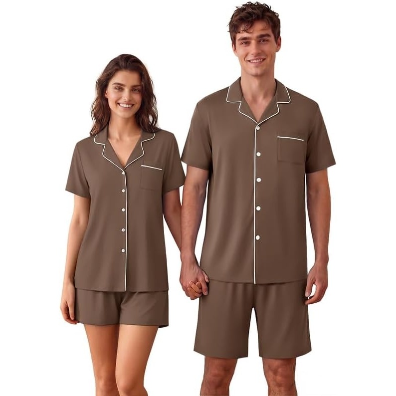 image:imageEkouaer Matching Pajamas for Couples Short Sleeve Pjs 2 Piece Lounge SetsBrown