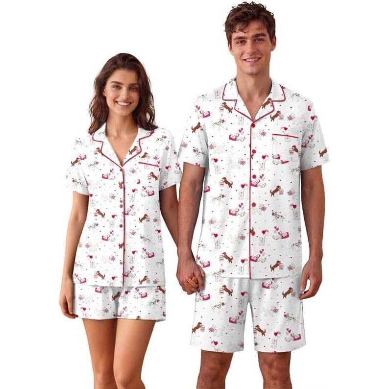 image:imageEkouaer Matching Pajamas for Couples Short Sleeve Pjs 2 Piece Lounge SetsWhite Puppy Couple Print