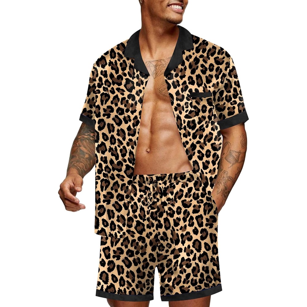image:imageEkouaer Men Silk Pajamas Set 2 Pieces Satin Pj Button Down Loungewear SetsBrown Leopard Print