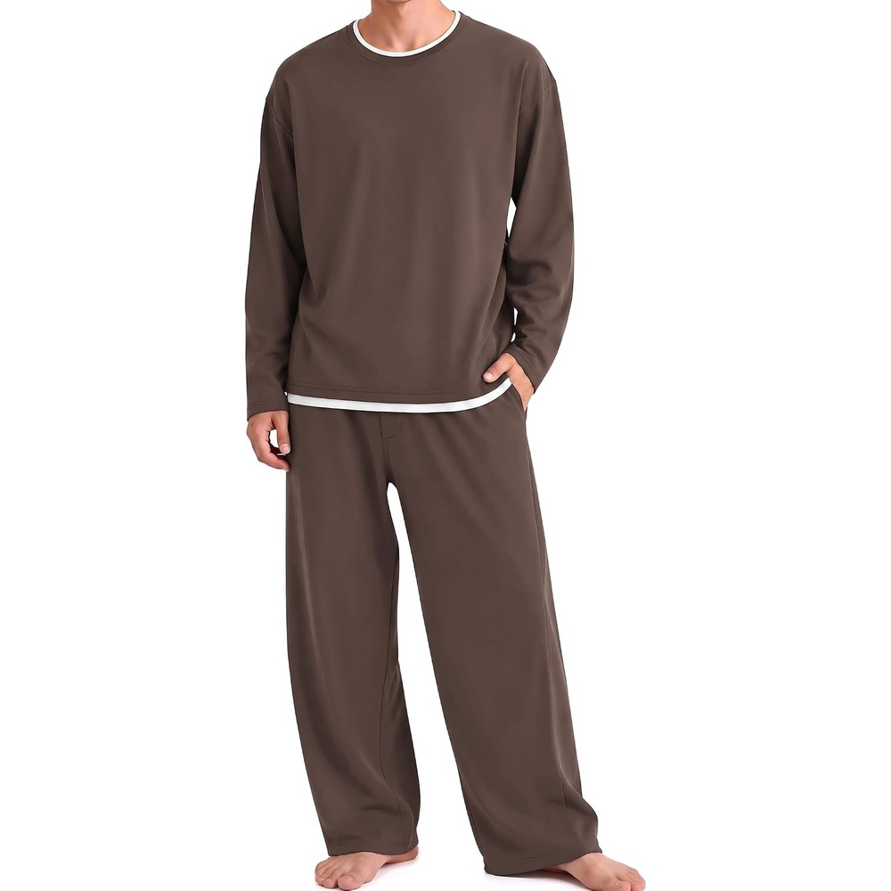 image:imageEkouaer Mens Pajamas Set Soft Long Sleeve Pjs Top and Pants Loungewear SetsBrown