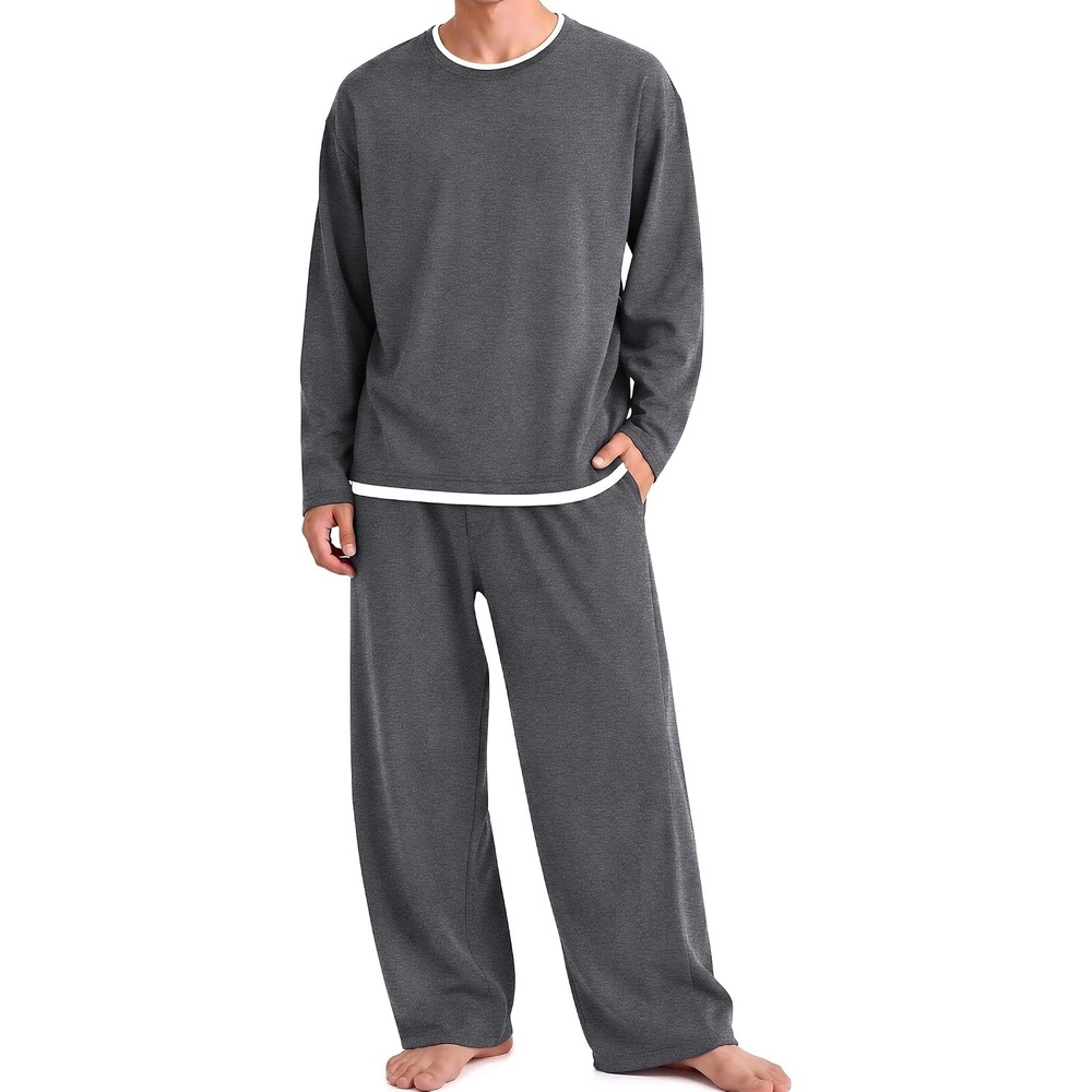 image:imageEkouaer Mens Pajamas Set Soft Long Sleeve Pjs Top and Pants Loungewear SetsFlower Grey