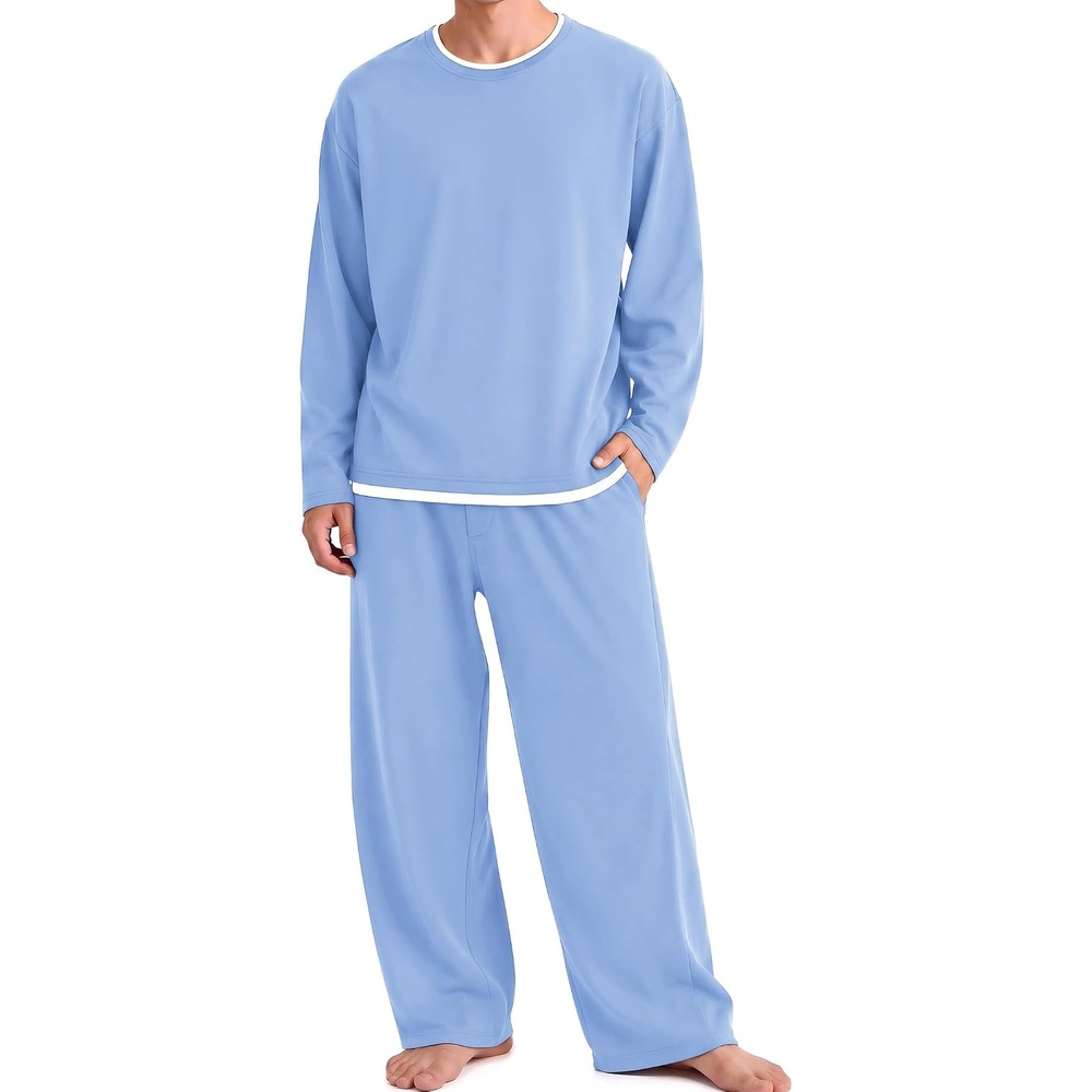 image:imageEkouaer Mens Pajamas Set Soft Long Sleeve Pjs Top and Pants Loungewear SetsLight Blue