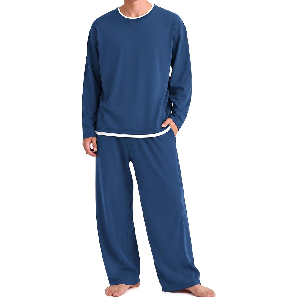 image:imageEkouaer Mens Pajamas Set Soft Long Sleeve Pjs Top and Pants Loungewear SetsNavy