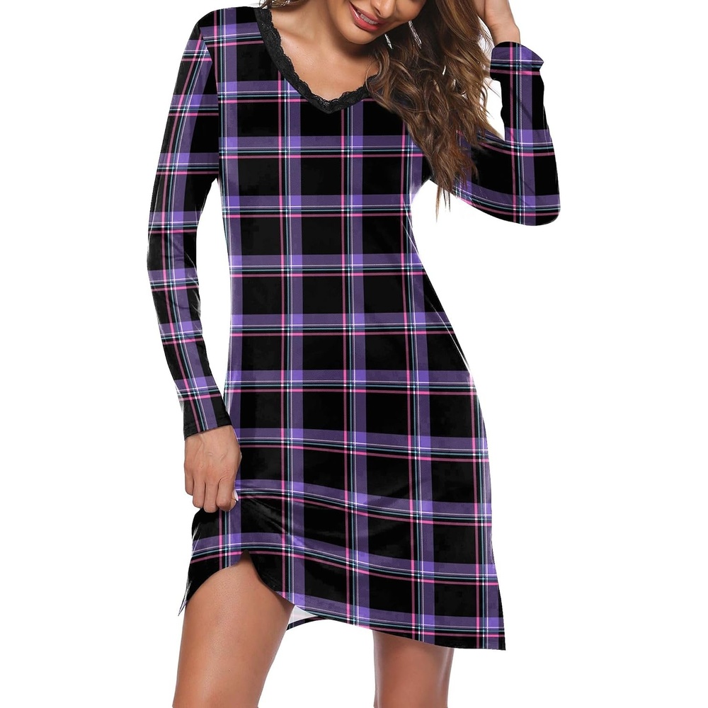 image:imageEkouaer Nightgowns for Women Long Sleeve Sleep Shirt Sexy Lace Night ShirtBlack and Purple Plaid