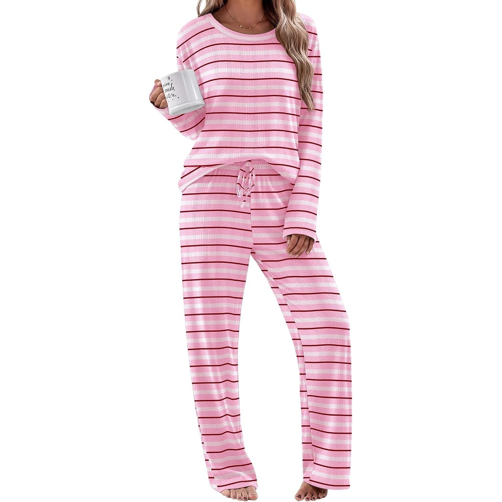 image:imageEkouaer Pajama Set Womens Soft Pjs 2 Piece Long Sleeve Lounge SetsPink Striped