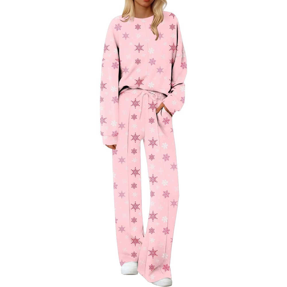 image:imageEkouaer Pajama Sets Women 2 Piece Long Sleeve Sleepwear Cozy Pjs LoungewearChristmas Pink Snowflake