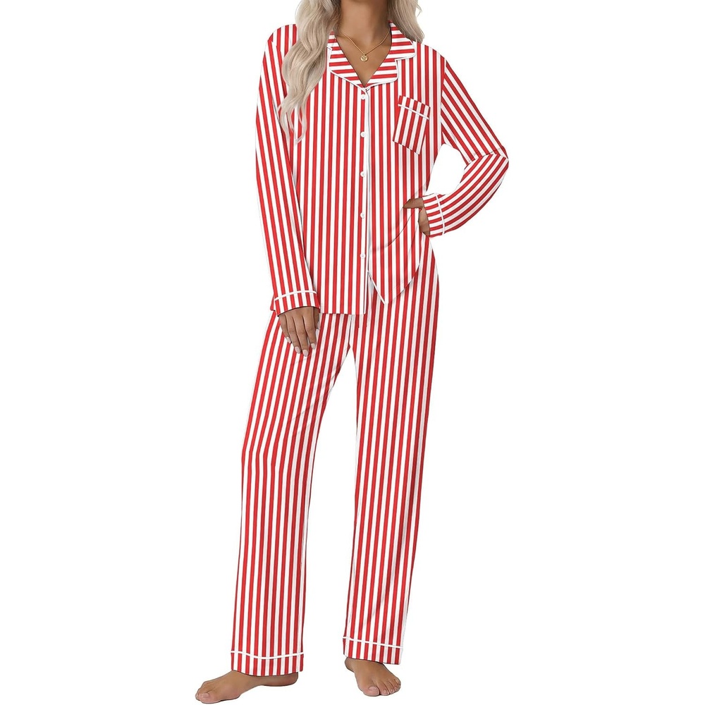 image:imageEkouaer Pajamas Womens Long Sleeve Sleepwear Button Down Loungewear Pjs SetStriped Red
