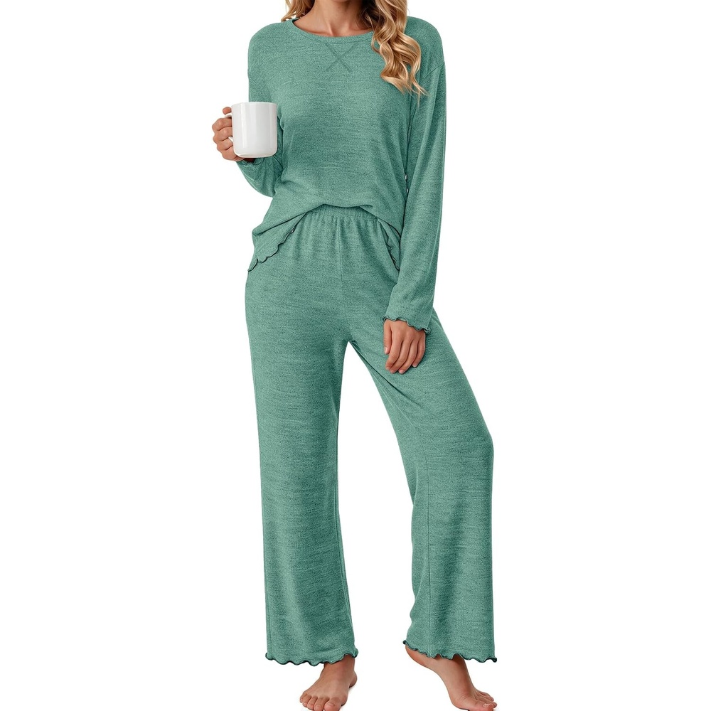 image:imageEkouaer Pajamas for Women Set Long Sleeve 2 Piece Lounge Sets Fall Soft PjsGreen