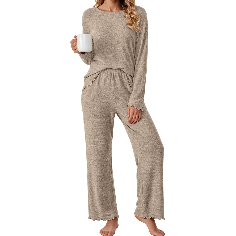image:imageEkouaer Pajamas for Women Set Long Sleeve 2 Piece Lounge Sets Fall Soft PjsKhaki
