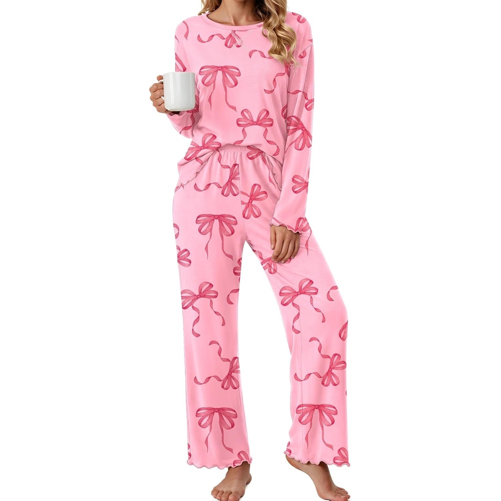 image:imageEkouaer Pajamas for Women Set Long Sleeve 2 Piece Lounge Sets Fall Soft PjsPink Bow