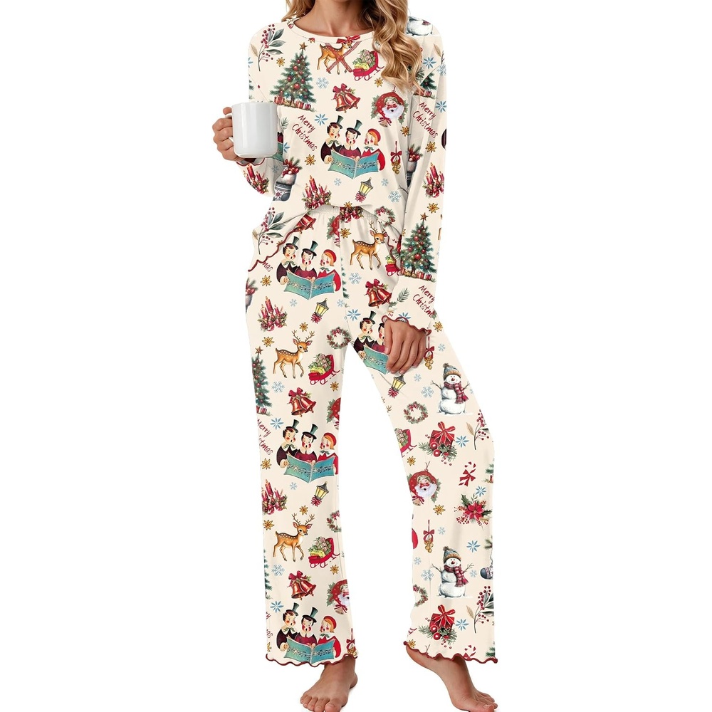 image:imageEkouaer Pajamas for Women Set Long Sleeve 2 Piece Lounge Sets Fall Soft PjsVintage Caroler Christmas