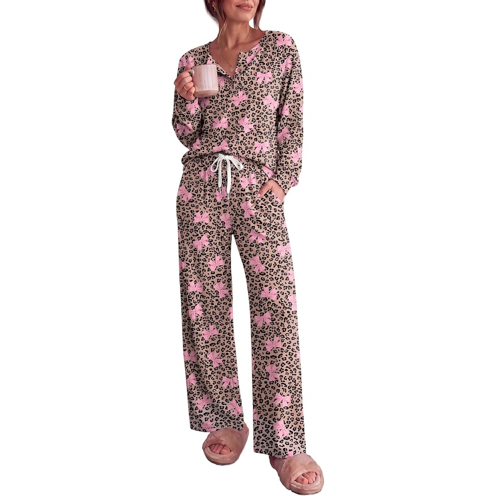 image:imageEkouaer Pajamas for Women Set Soft 2 Piece Lounge Set Fall OutfitsLeopard Bow