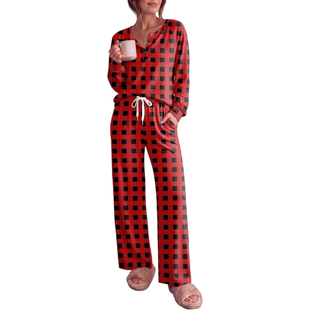 image:imageEkouaer Pajamas for Women Set Soft 2 Piece Lounge Set Fall OutfitsRed Plaid
