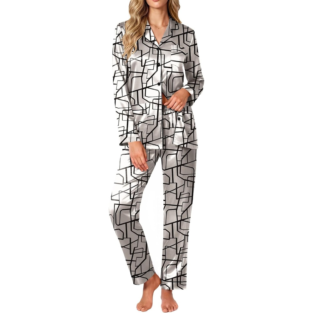 image:imageEkouaer Satin Pajamas for Women Silk Long Sleeve Button Down Soft PjsBeige Black Line