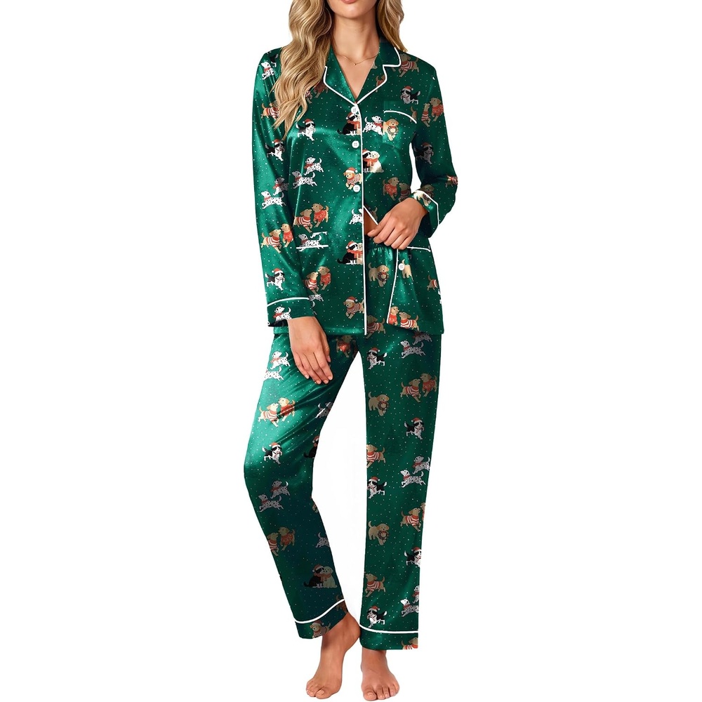 image:imageEkouaer Satin Pajamas for Women Silk Long Sleeve Button Down Soft PjsChristmas Green Pattern