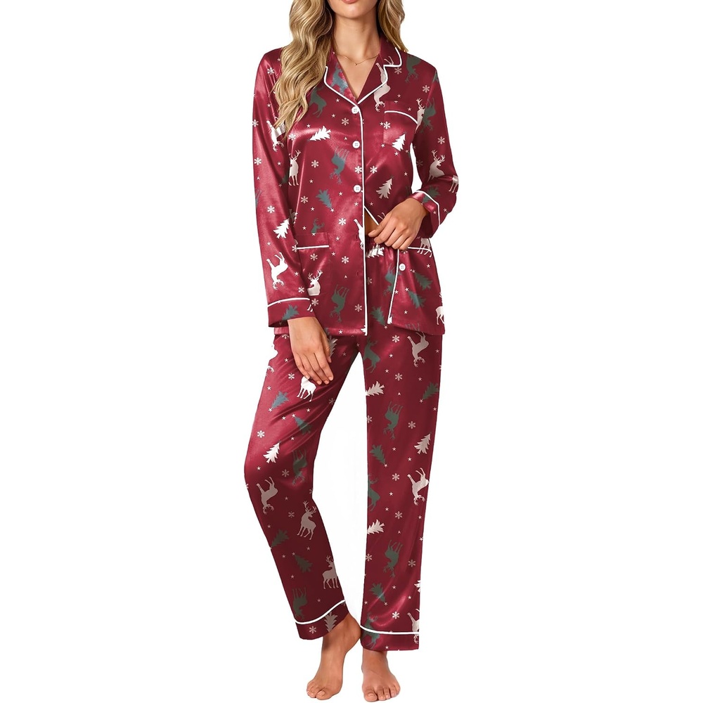image:imageEkouaer Satin Pajamas for Women Silk Long Sleeve Button Down Soft PjsChristmas Red Pattern