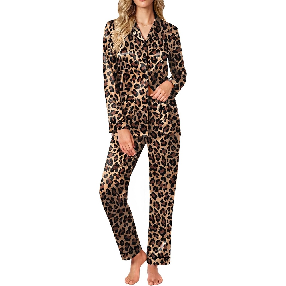 image:imageEkouaer Satin Pajamas for Women Silk Long Sleeve Button Down Soft PjsLeopard