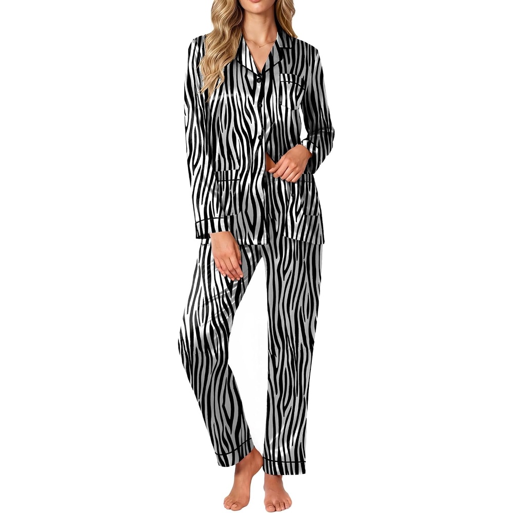 image:imageEkouaer Satin Pajamas for Women Silk Long Sleeve Button Down Soft PjsZebra Pattern