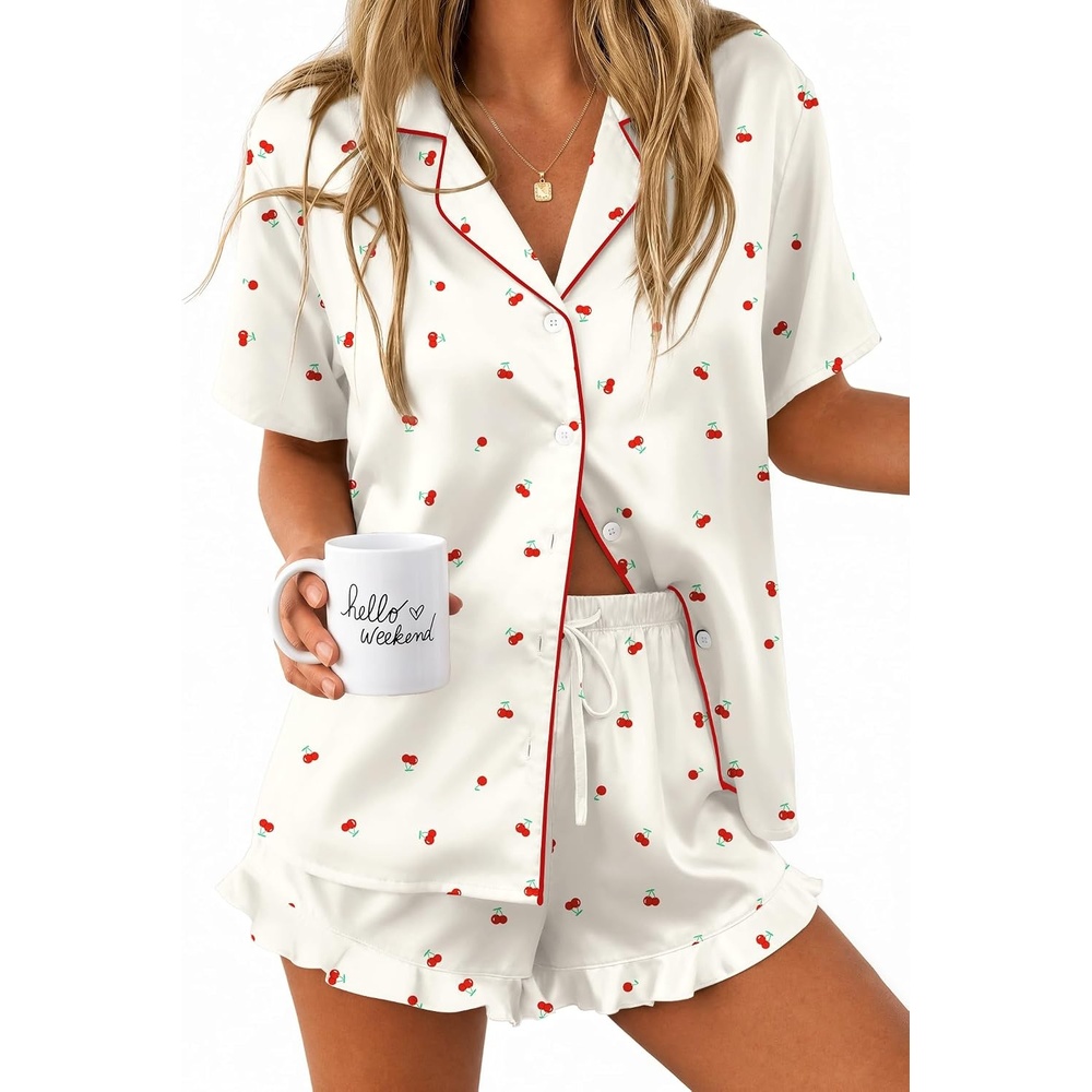 image:imageEkouaer Silk Satin Pajamas for Women Button Down Pjs Shorts Set with RuffleBeige Cherry