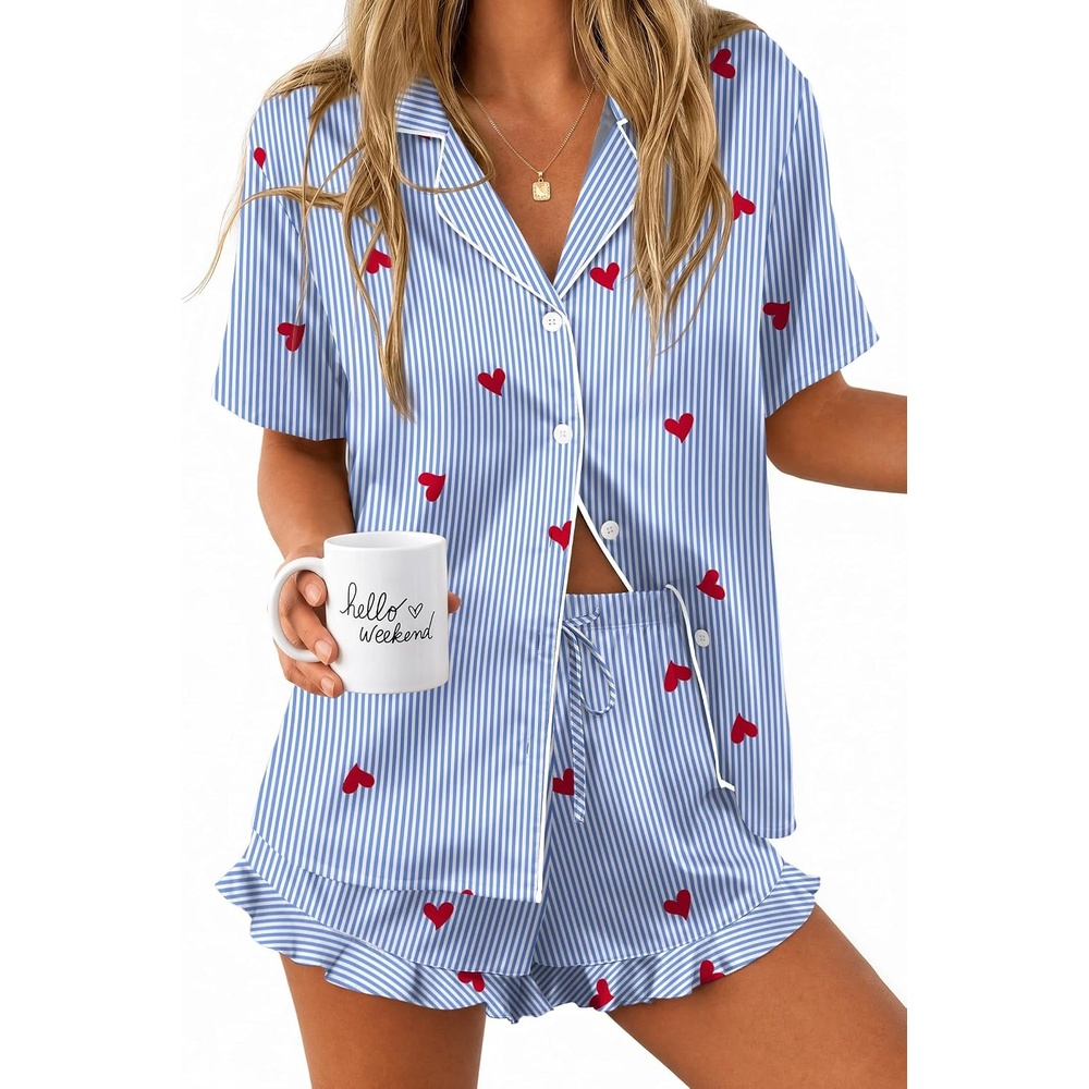 image:imageEkouaer Silk Satin Pajamas for Women Button Down Pjs Shorts Set with RuffleBlue Stripe Heart