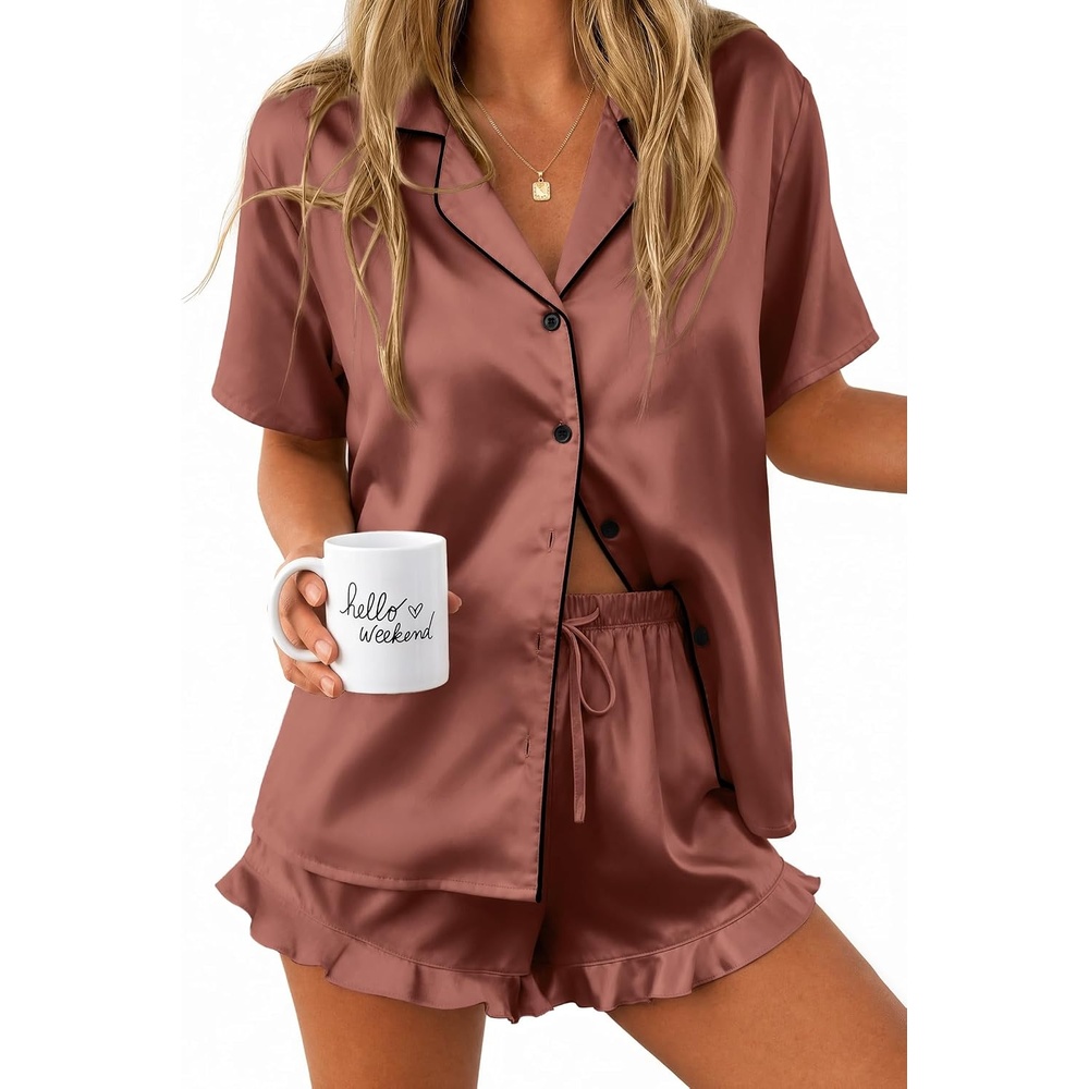 image:imageEkouaer Silk Satin Pajamas for Women Button Down Pjs Shorts Set with RuffleBrown
