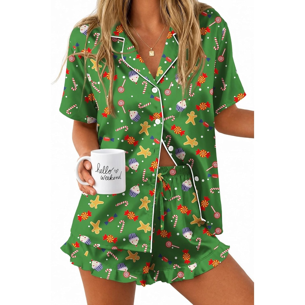 image:imageEkouaer Silk Satin Pajamas for Women Button Down Pjs Shorts Set with RuffleChristmas Green