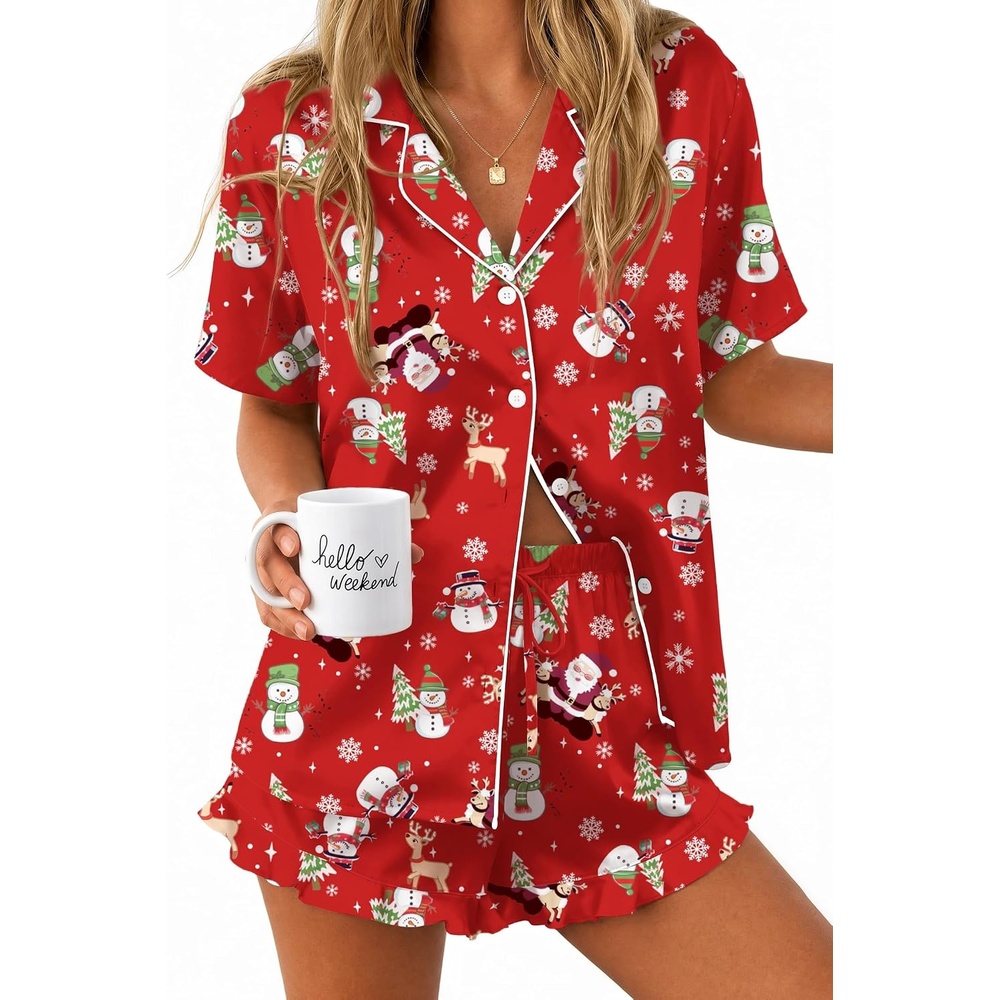 image:imageEkouaer Silk Satin Pajamas for Women Button Down Pjs Shorts Set with RuffleChristmas Red